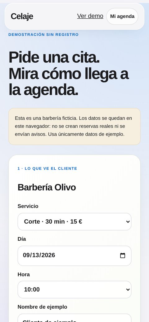 Página pública de reserva de Celaje: el cliente elige servicio, día y hora