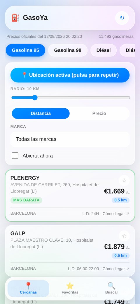 GasoYa mostrando gasolineras cercanas ordenadas, con la más barata señalada